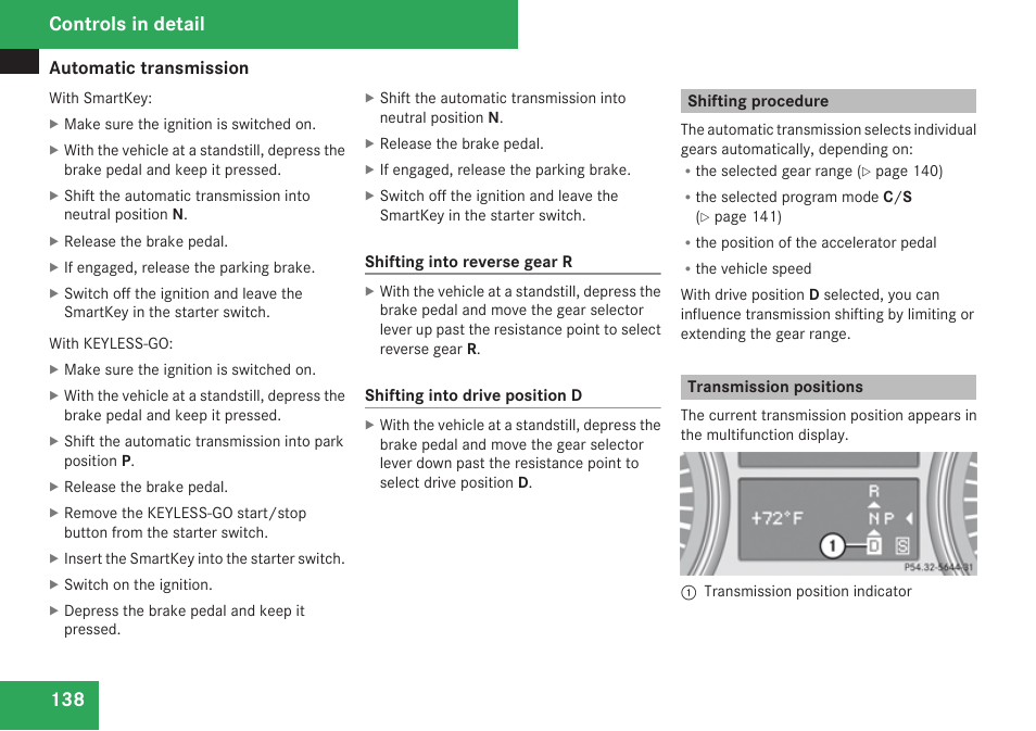 Shifting procedure, Transmission positions, Controls in detail | Mercedes-Benz R-Class 2009 Owners Manual User Manual | Page 140 / 412