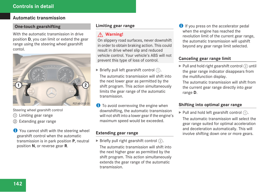 One-touch gearshifting, Gearshifting, Controls in detail | Mercedes-Benz R-Class 2009 Owners Manual User Manual | Page 144 / 412