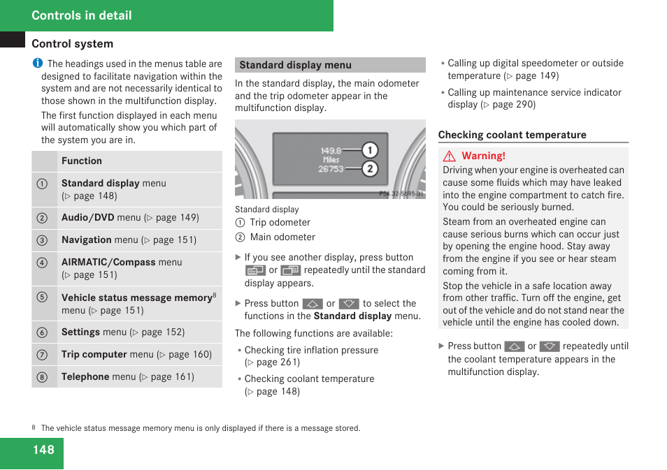 Standard display menu, Display, Controls in detail | Mercedes-Benz R-Class 2009 Owners Manual User Manual | Page 150 / 412