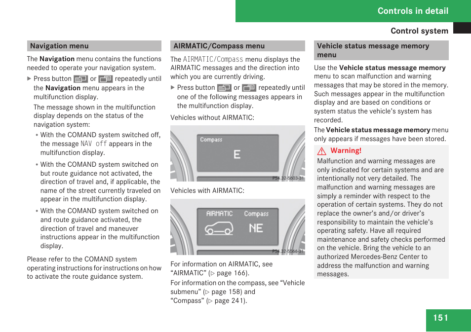 Navigation menu, Airmatic/compass menu, Vehicle status message memory menu | Menu, Controls in detail | Mercedes-Benz R-Class 2009 Owners Manual User Manual | Page 153 / 412