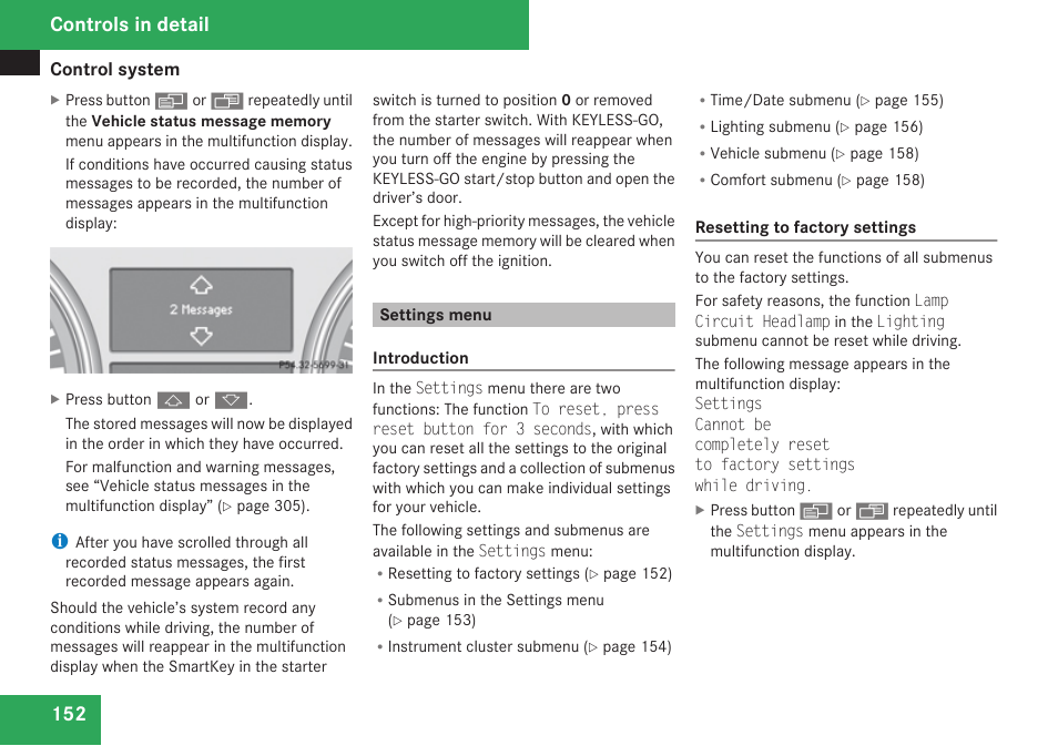 Settings menu, Menu, Controls in detail | Mercedes-Benz R-Class 2009 Owners Manual User Manual | Page 154 / 412