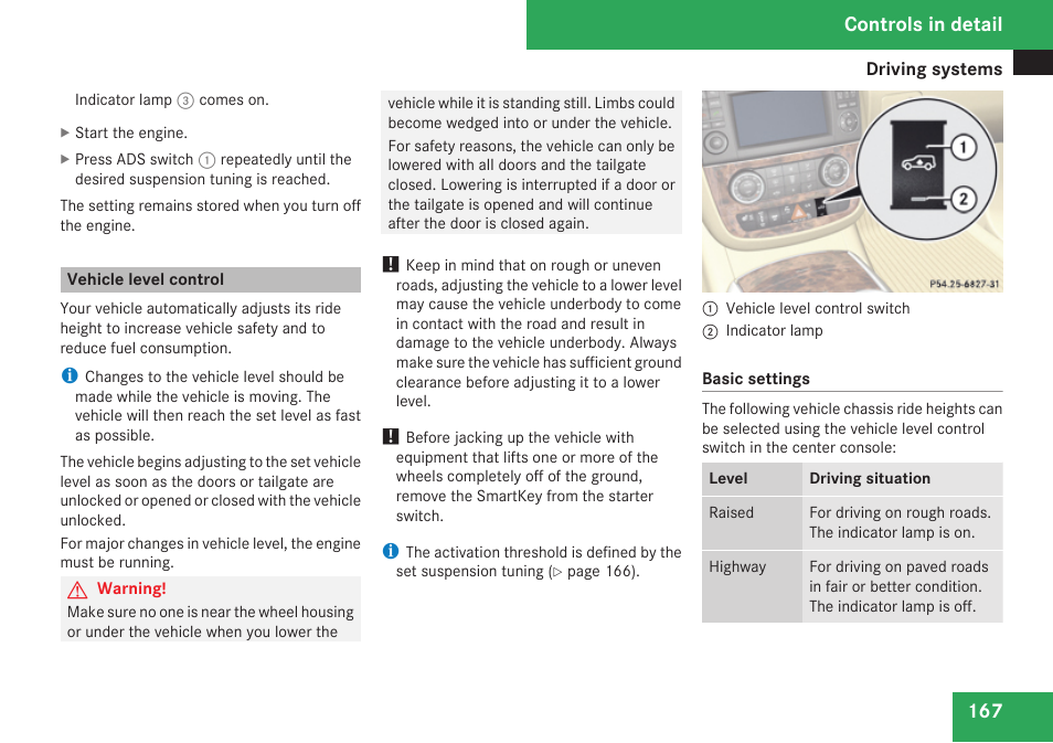 Vehicle level control, Controls in detail | Mercedes-Benz R-Class 2009 Owners Manual User Manual | Page 169 / 412