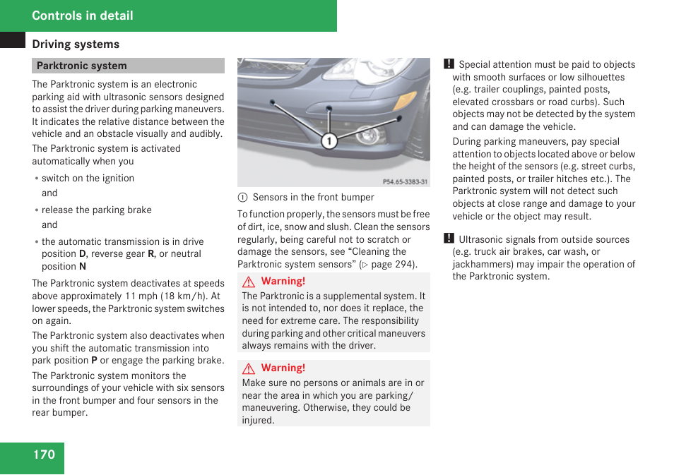 Parktronic system, Controls in detail | Mercedes-Benz R-Class 2009 Owners Manual User Manual | Page 172 / 412