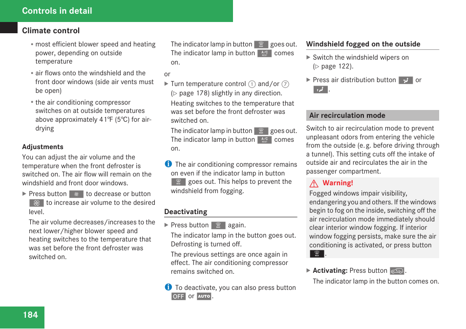 Air recirculation mode, Controls in detail | Mercedes-Benz R-Class 2009 Owners Manual User Manual | Page 186 / 412