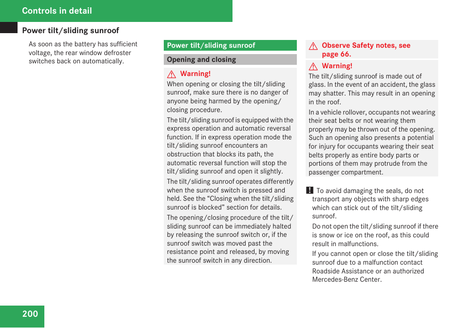 Power tilt/sliding sunroof, Opening and closing | Mercedes-Benz R-Class 2009 Owners Manual User Manual | Page 202 / 412