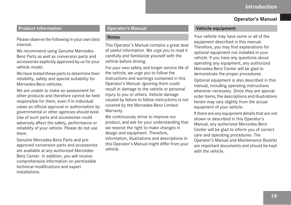 Introduction, Product information, Operator’s manual | Notes, Vehicle equipment | Mercedes-Benz R-Class 2009 Owners Manual User Manual | Page 21 / 412