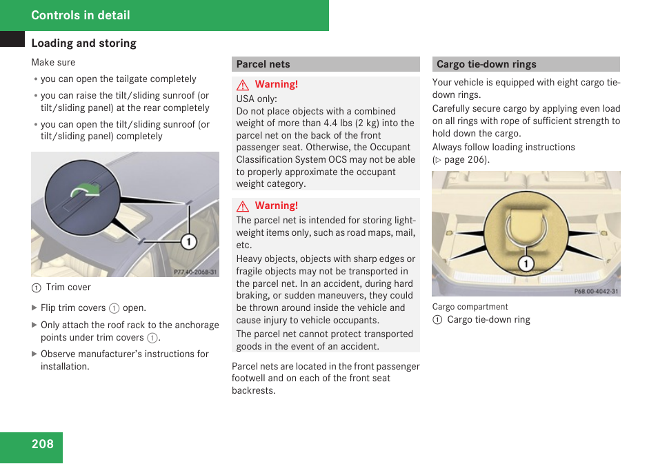 Parcel nets, Cargo tie-down rings, Controls in detail | Mercedes-Benz R-Class 2009 Owners Manual User Manual | Page 210 / 412