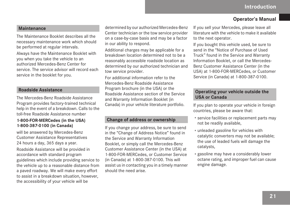 Maintenance, Roadside assistance, Change of address or ownership | Operating your vehicle outside the usa or canada, Introduction | Mercedes-Benz R-Class 2009 Owners Manual User Manual | Page 23 / 412