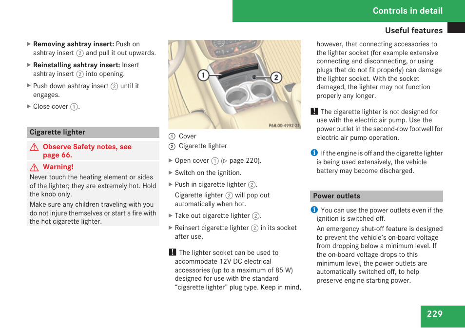 Cigarette lighter, Power outlets, Controls in detail | Mercedes-Benz R-Class 2009 Owners Manual User Manual | Page 231 / 412