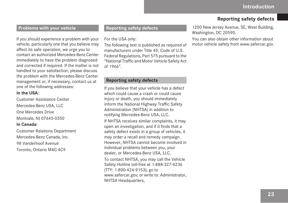 Problems with your vehicle, Reporting safety defects | Mercedes-Benz R-Class 2009 Owners Manual User Manual | Page 25 / 412