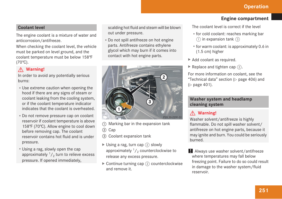 Coolant level, Washer system and headlamp cleaning system, Cleaning system | Necessary, System, Operation | Mercedes-Benz R-Class 2009 Owners Manual User Manual | Page 253 / 412