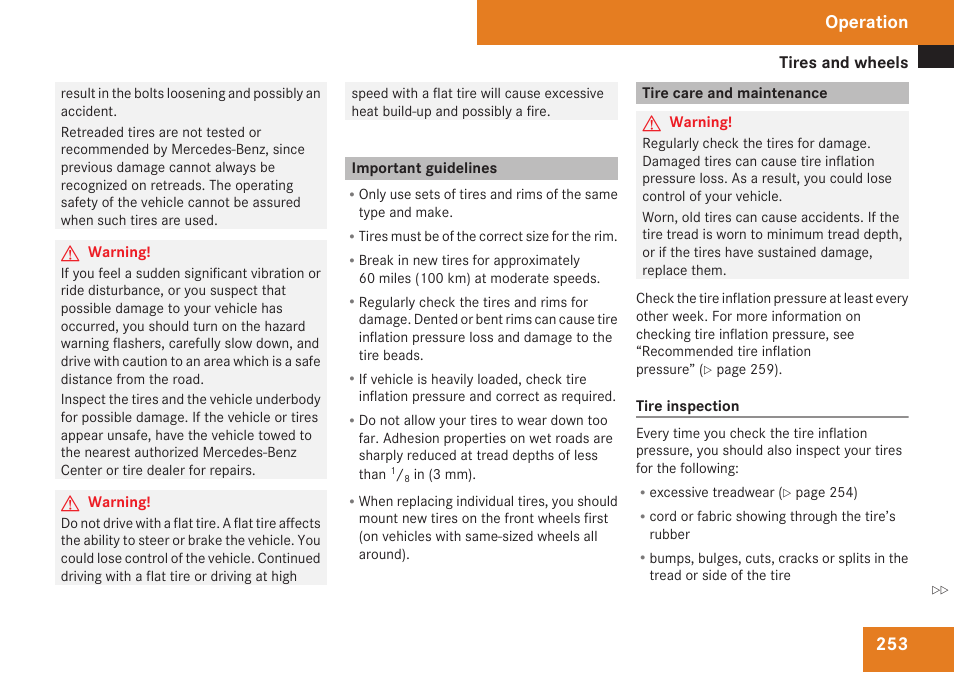 Important guidelines, Tire care and maintenance, Operation | Mercedes-Benz R-Class 2009 Owners Manual User Manual | Page 255 / 412