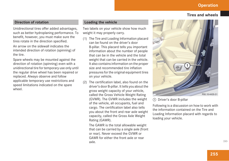 Direction of rotation, Loading the vehicle, Door b-pillar | Operation | Mercedes-Benz R-Class 2009 Owners Manual User Manual | Page 257 / 412