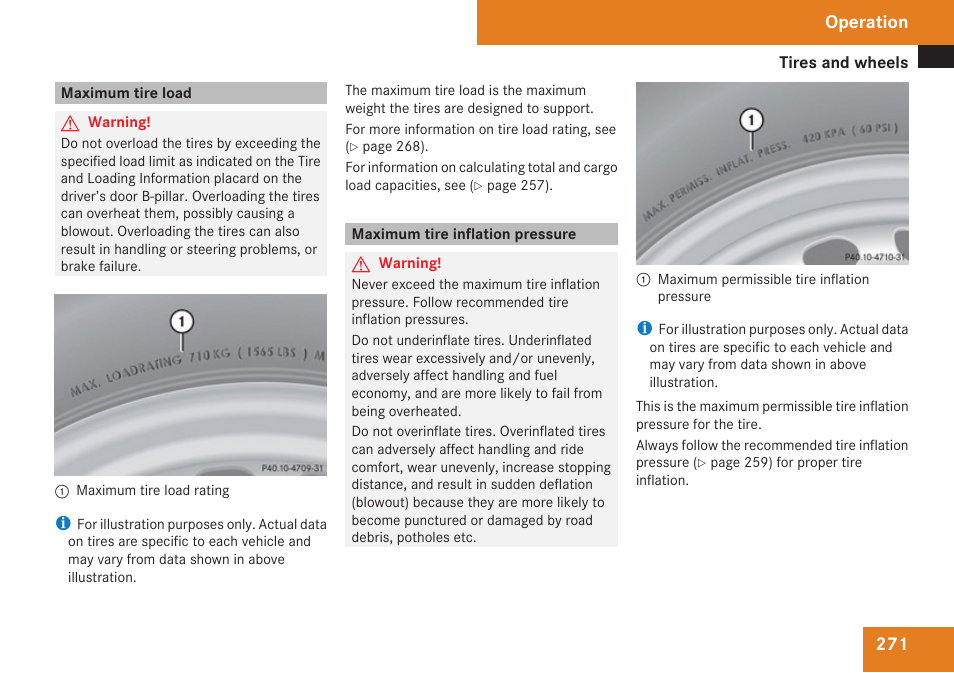 Maximum tire load, Maximum tire inflation pressure, Load | Operation | Mercedes-Benz R-Class 2009 Owners Manual User Manual | Page 273 / 412