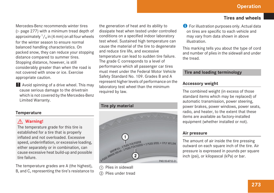 Tire ply material, Tire and loading terminology, Operation | Mercedes-Benz R-Class 2009 Owners Manual User Manual | Page 275 / 412