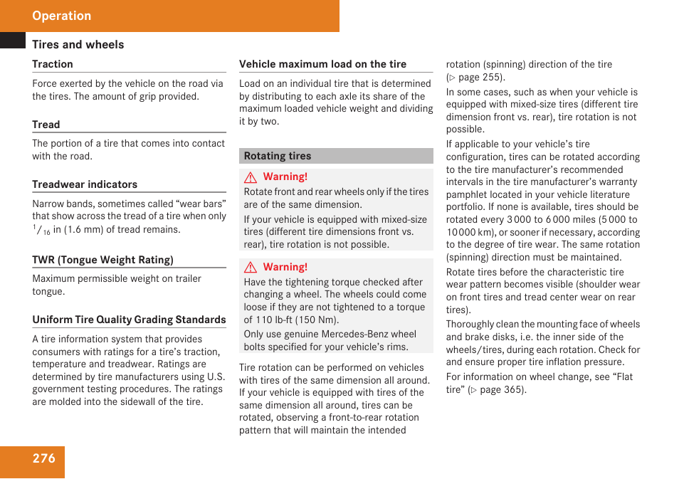 Rotating tires, Operation | Mercedes-Benz R-Class 2009 Owners Manual User Manual | Page 278 / 412