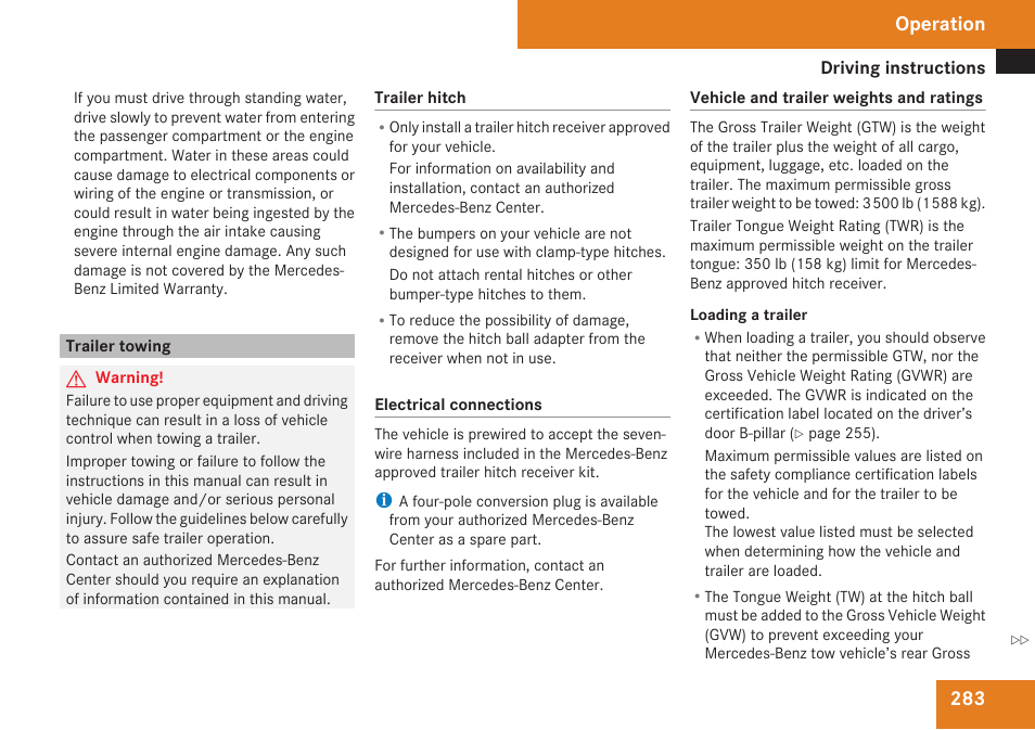 Trailer towing, The “operation” section, Operation | Mercedes-Benz R-Class 2009 Owners Manual User Manual | Page 285 / 412