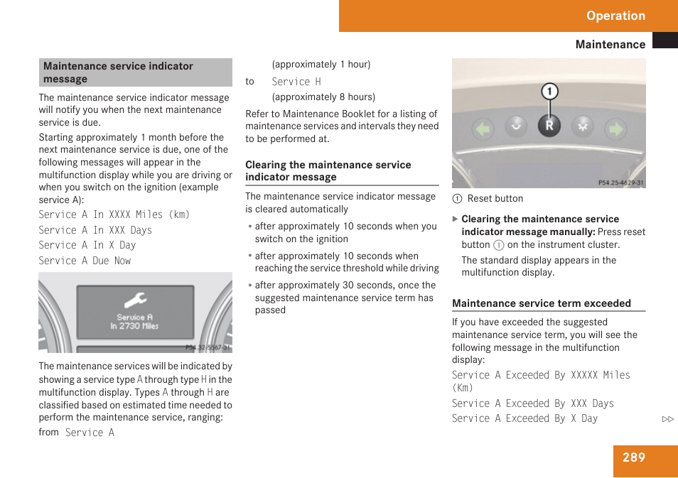 Maintenance service indicator message, Operation | Mercedes-Benz R-Class 2009 Owners Manual User Manual | Page 291 / 412