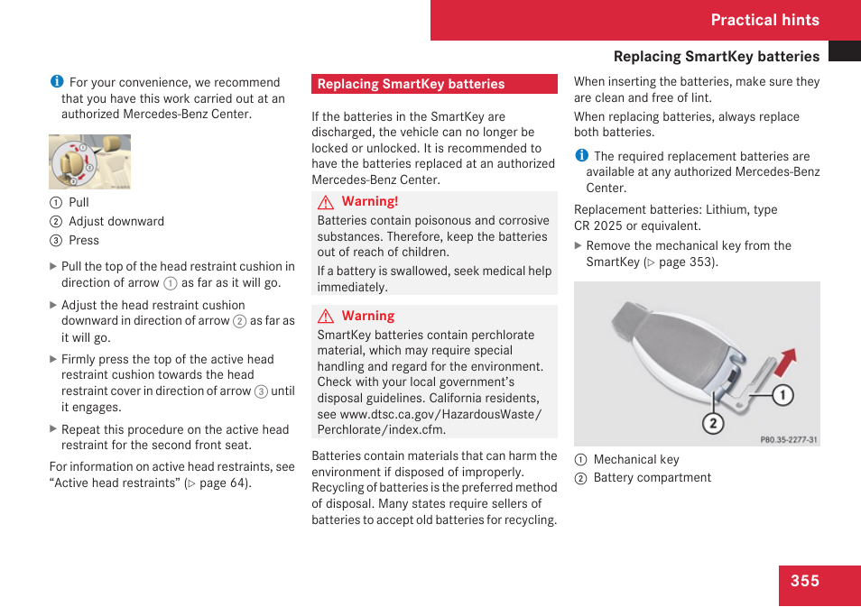 Replacing smartkey batteries, Replace the batteries, Practical hints | Mercedes-Benz R-Class 2009 Owners Manual User Manual | Page 357 / 412