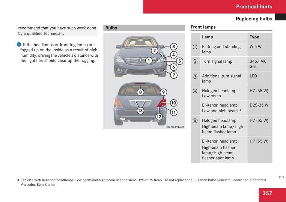 Bulbs, Vehicle lighting, Practical hints | Mercedes-Benz R-Class 2009 Owners Manual User Manual | Page 359 / 412