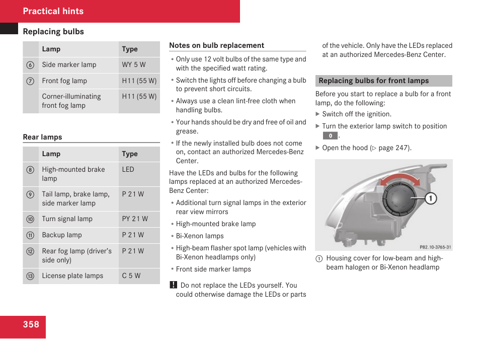 Replacing bulbs for front lamps, Practical hints | Mercedes-Benz R-Class 2009 Owners Manual User Manual | Page 360 / 412