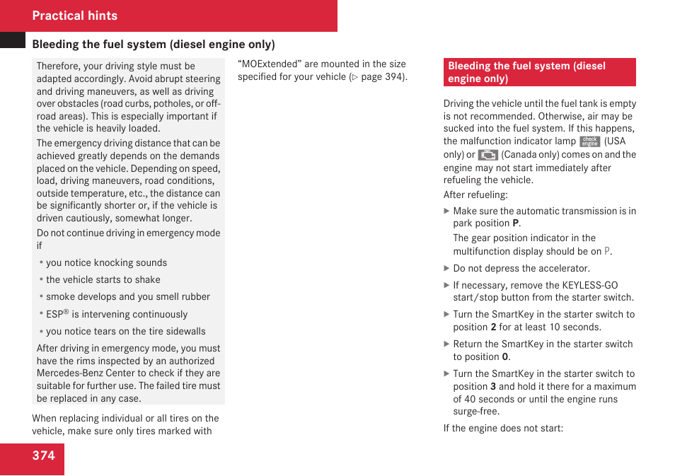 Bleeding the fuel system (diesel engine only), Practical hints | Mercedes-Benz R-Class 2009 Owners Manual User Manual | Page 376 / 412
