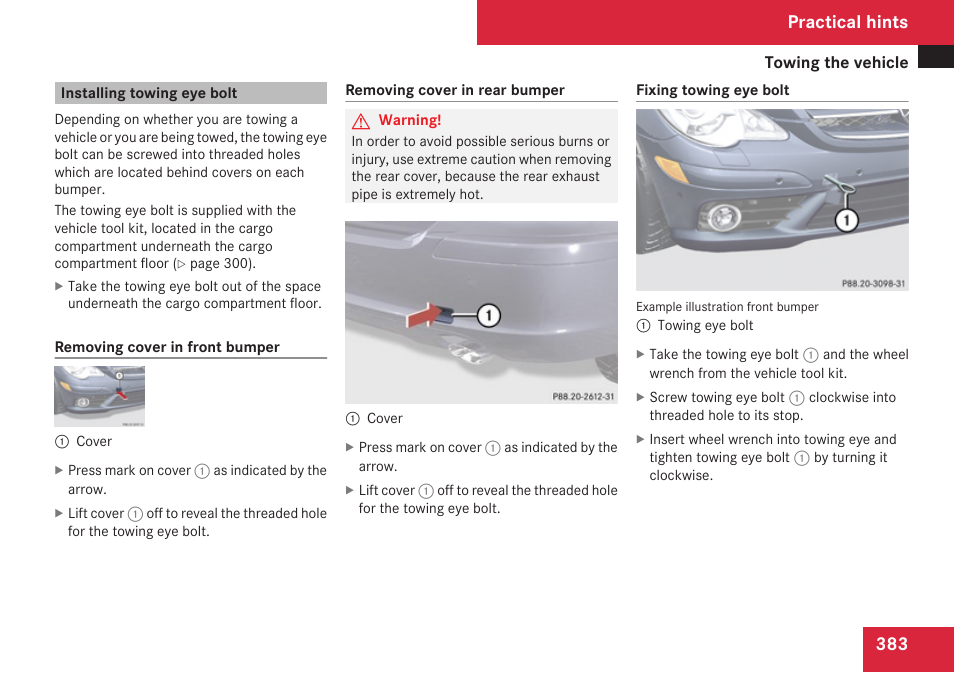 Installing towing eye bolt, Practical hints | Mercedes-Benz R-Class 2009 Owners Manual User Manual | Page 385 / 412