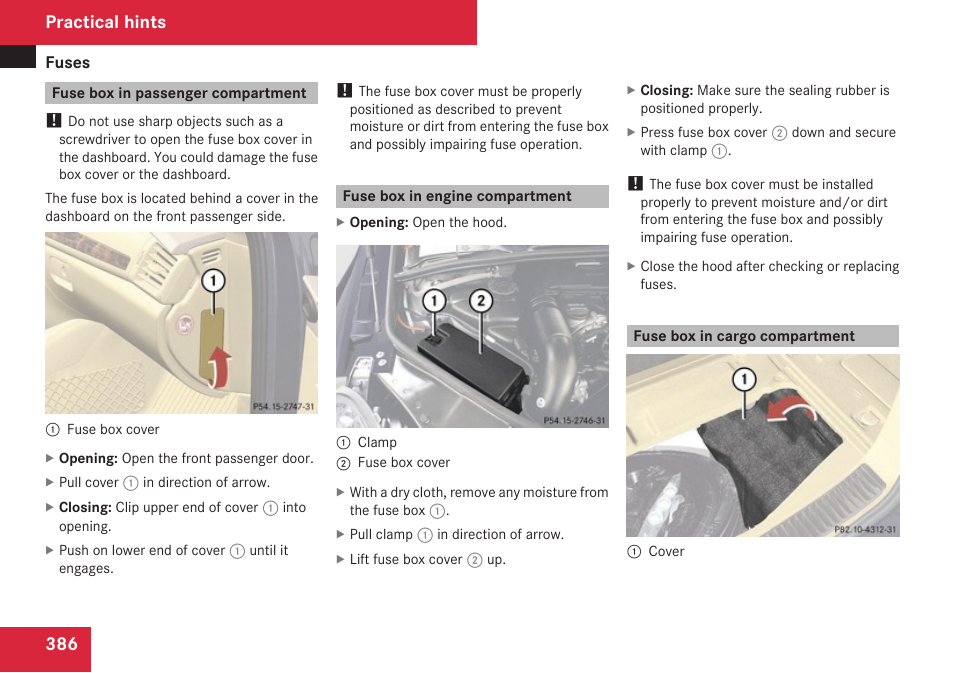 Fuse box in passenger compartment, Fuse box in engine compartment, Fuse box in cargo compartment | Practical hints | Mercedes-Benz R-Class 2009 Owners Manual User Manual | Page 388 / 412