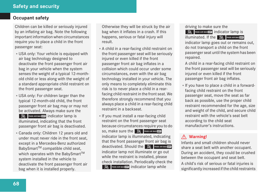 Safety and security | Mercedes-Benz R-Class 2009 Owners Manual User Manual | Page 70 / 412