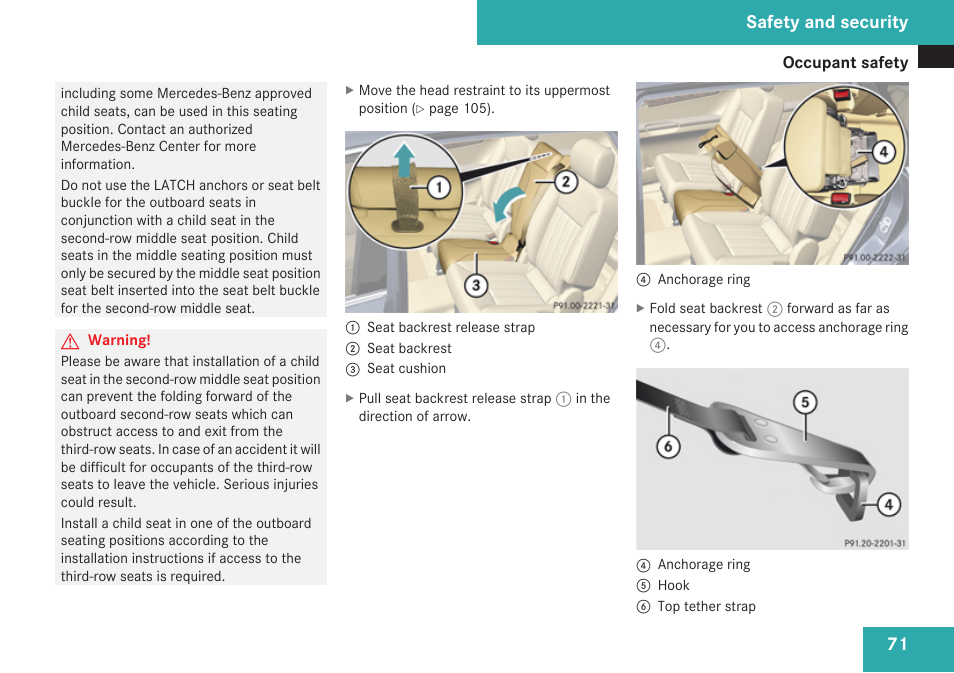On the rear of the seat base, Safety and security | Mercedes-Benz R-Class 2009 Owners Manual User Manual | Page 73 / 412