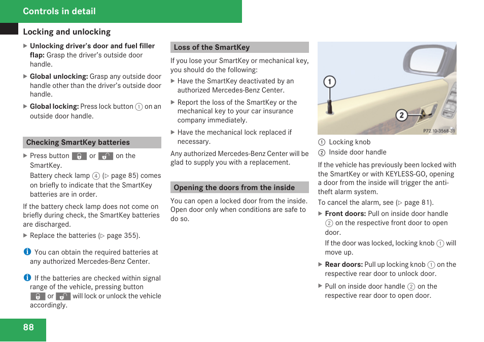 Checking smartkey batteries, Loss of the smartkey, Opening the doors from the inside | Controls in detail | Mercedes-Benz R-Class 2009 Owners Manual User Manual | Page 90 / 412
