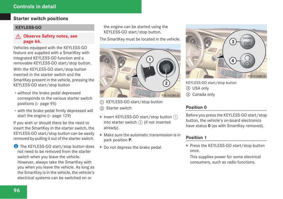 Keyless-go, Controls in detail | Mercedes-Benz R-Class 2009 Owners Manual User Manual | Page 98 / 412