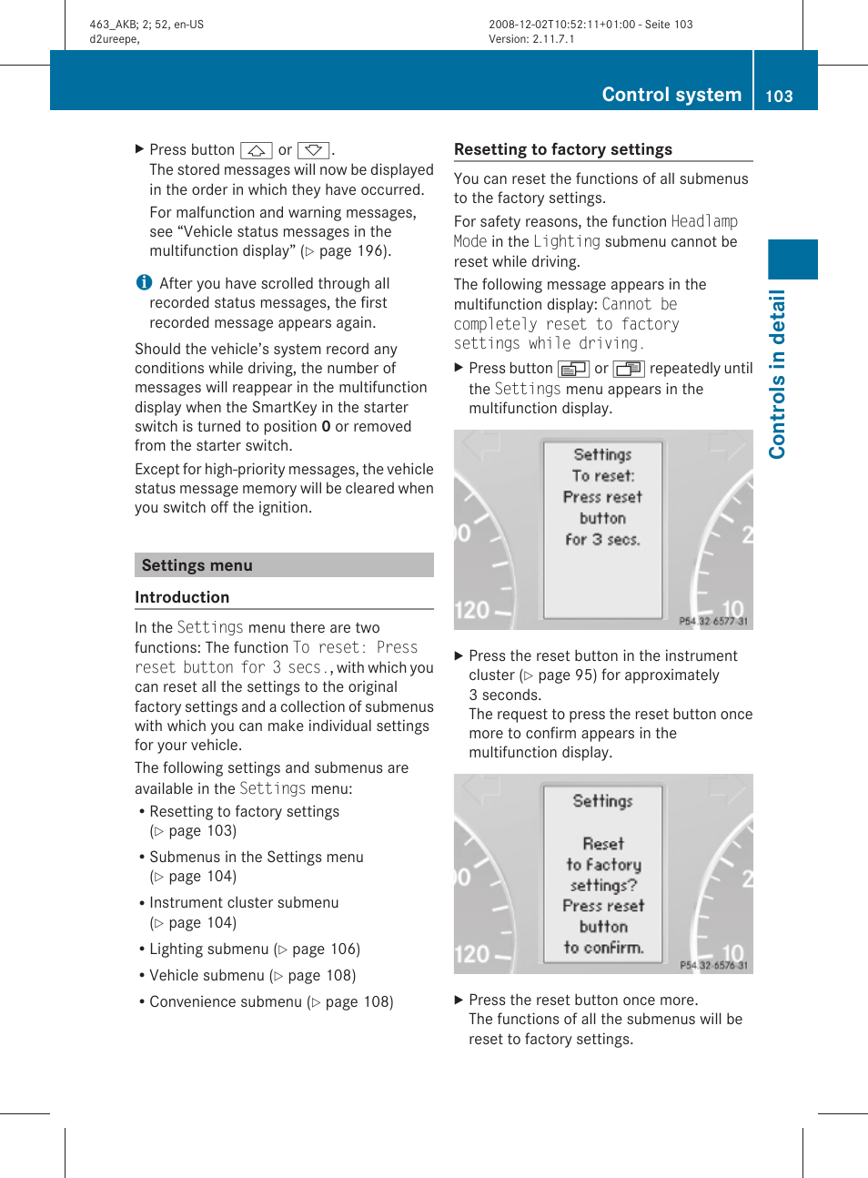 Settings menu, Menu, Controls in detail | Control system | Mercedes-Benz G-Class 2009 Owners Manual User Manual | Page 105 / 264