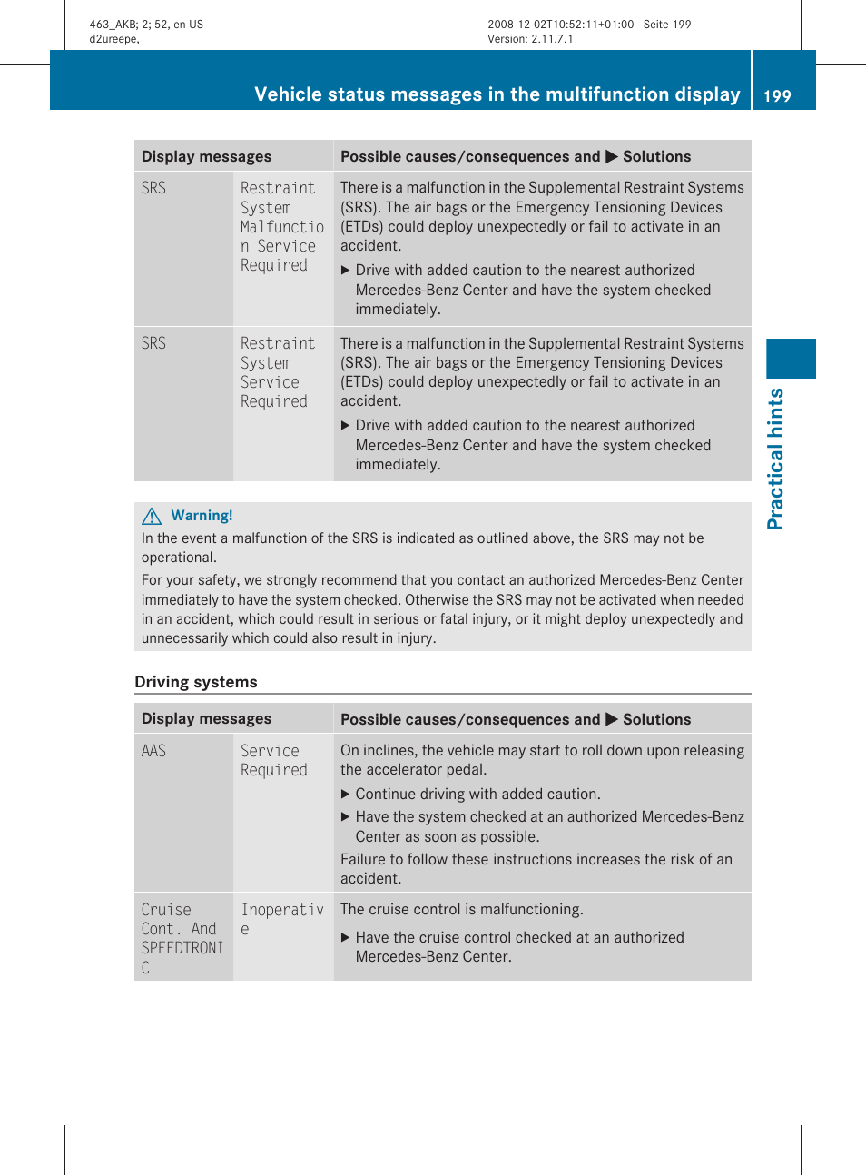 Practical hints | Mercedes-Benz G-Class 2009 Owners Manual User Manual | Page 201 / 264