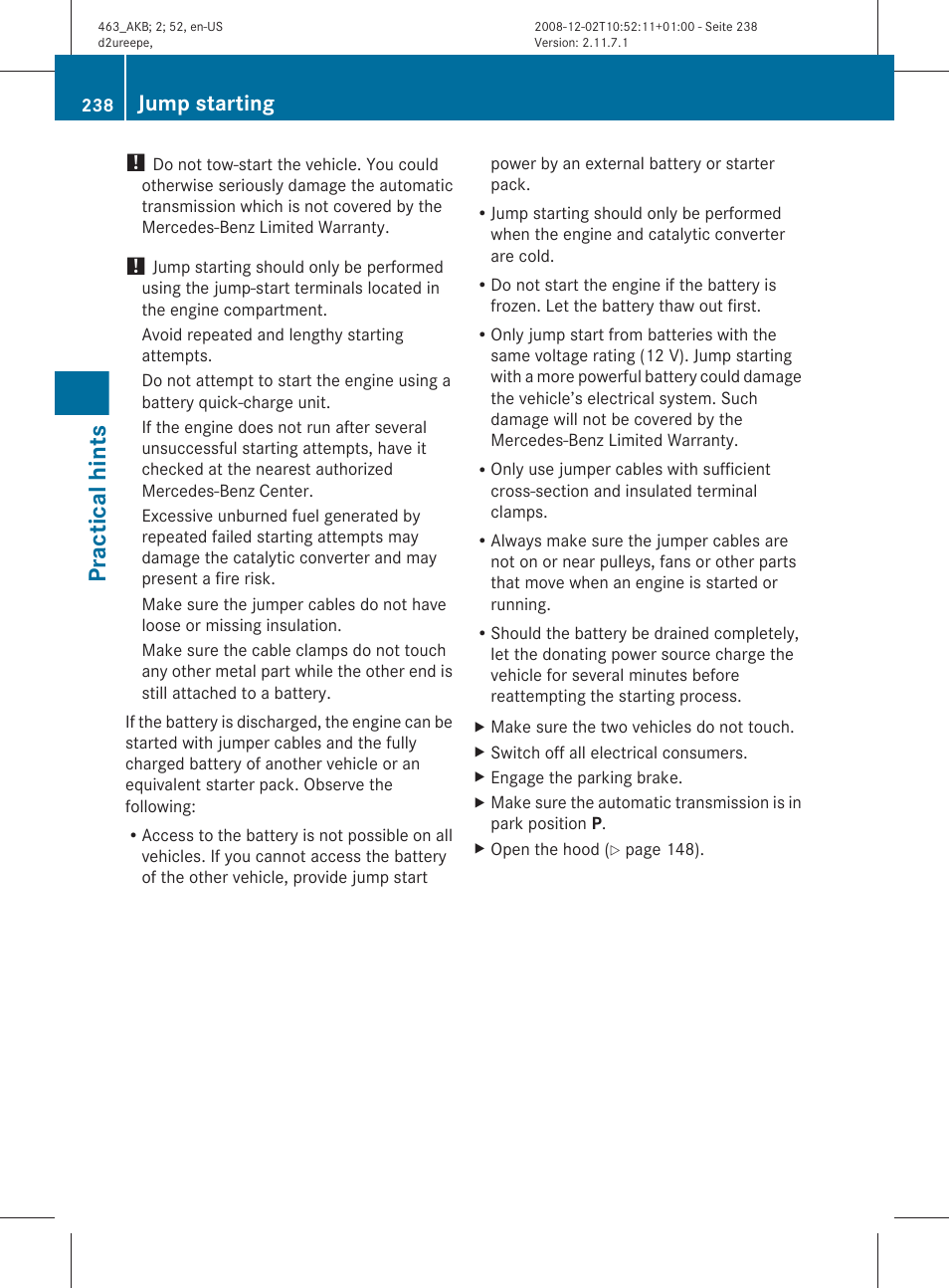 Practical hints, Jump starting | Mercedes-Benz G-Class 2009 Owners Manual User Manual | Page 240 / 264