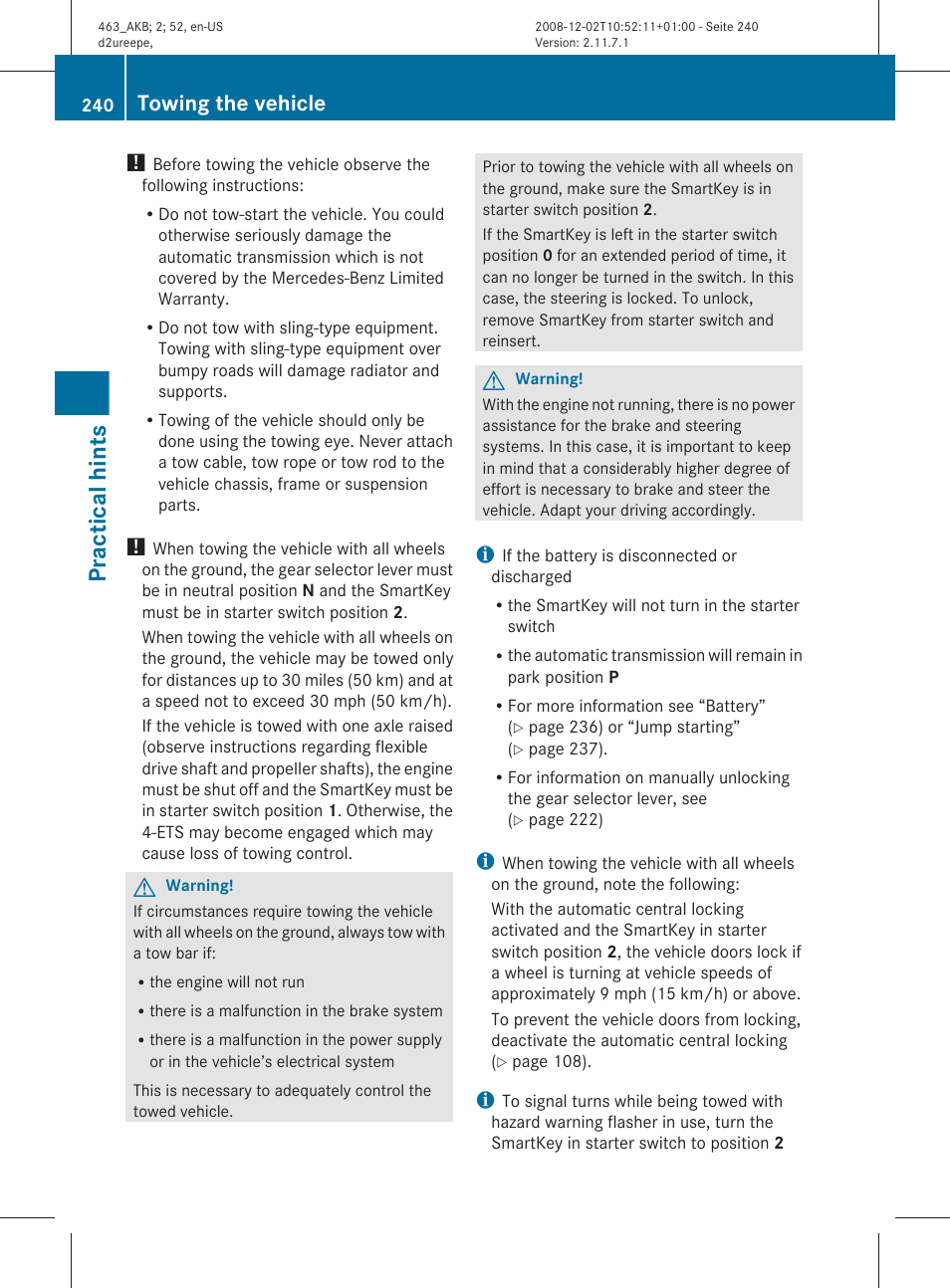 Practical hints, Towing the vehicle | Mercedes-Benz G-Class 2009 Owners Manual User Manual | Page 242 / 264