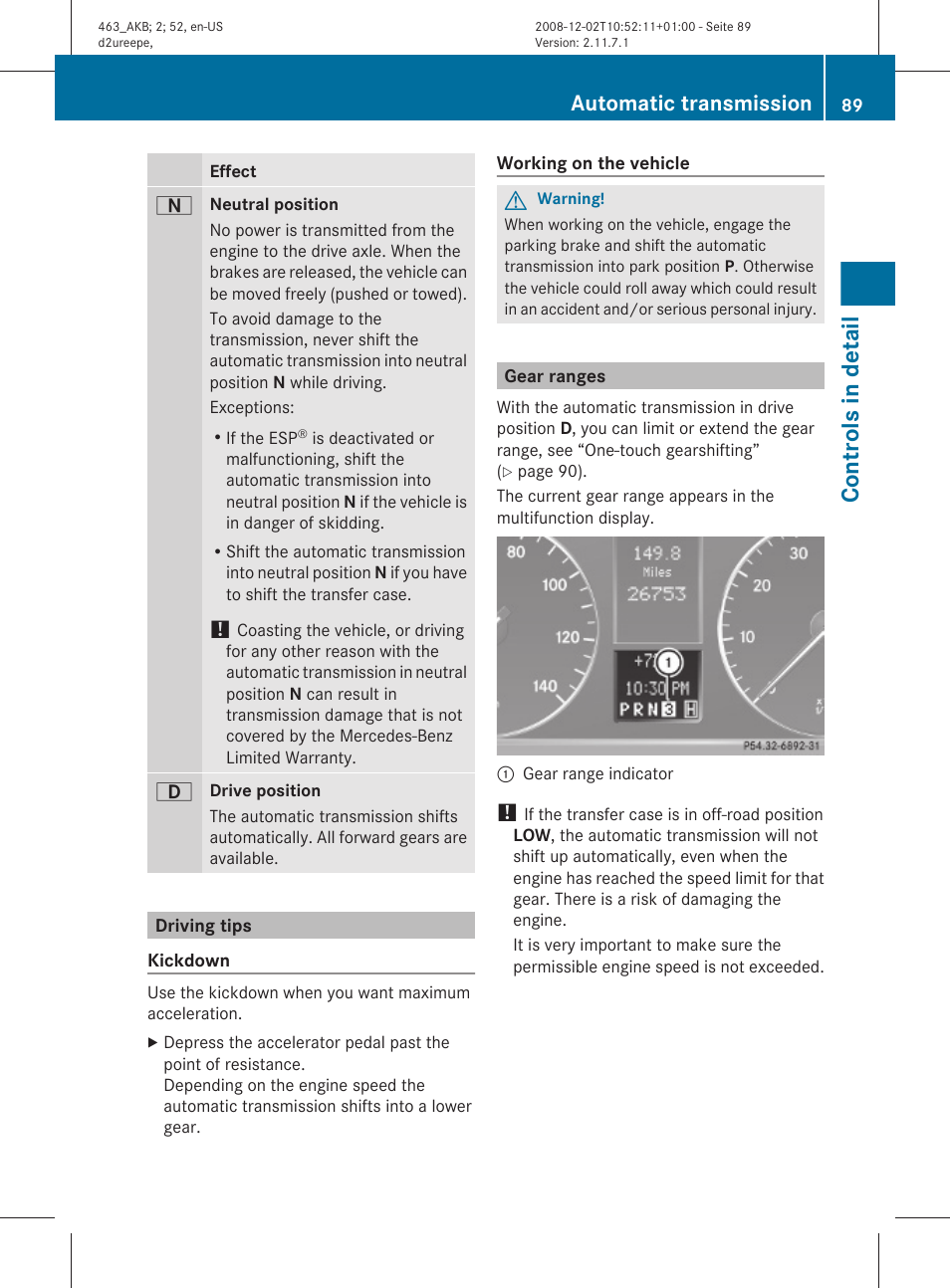 Driving tips, Gear ranges, The selected gear range | Controls in detail, Automatic transmission | Mercedes-Benz G-Class 2009 Owners Manual User Manual | Page 91 / 264