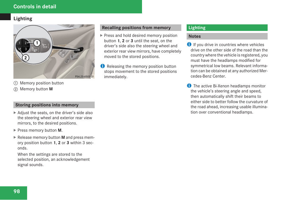 Storing positions into memory, Recalling positions from memory, Lighting | Notes, Controls in detail | Mercedes-Benz SL-Class 2009 Owners Manual User Manual | Page 100 / 364