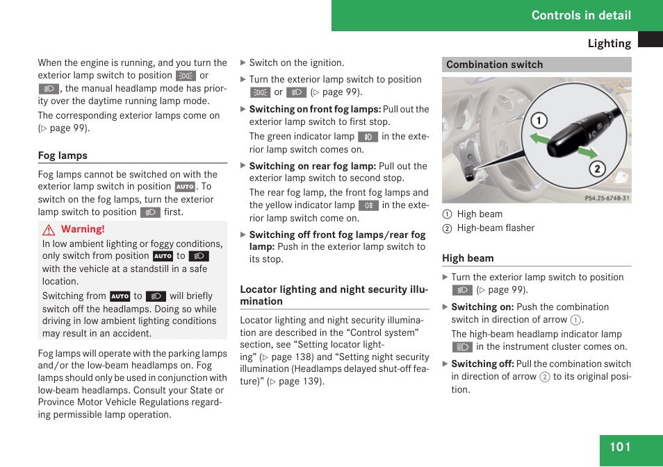 Combination switch, Controls in detail | Mercedes-Benz SL-Class 2009 Owners Manual User Manual | Page 103 / 364