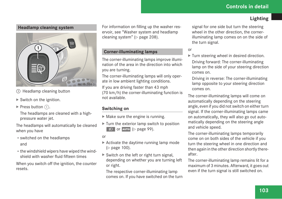 Headlamp cleaning system, Corner-illuminating lamps, Controls in detail | Mercedes-Benz SL-Class 2009 Owners Manual User Manual | Page 105 / 364