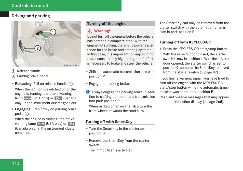 Turning off the engine, Controls in detail | Mercedes-Benz SL-Class 2009 Owners Manual User Manual | Page 116 / 364
