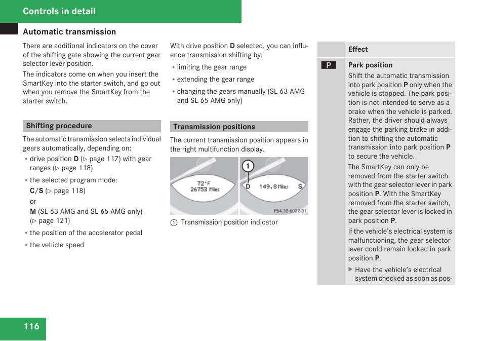 Shifting procedure, Transmission positions, Controls in detail | Mercedes-Benz SL-Class 2009 Owners Manual User Manual | Page 118 / 364