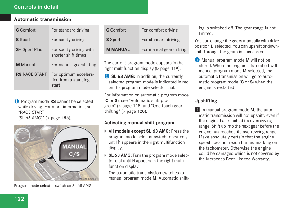 Controls in detail | Mercedes-Benz SL-Class 2009 Owners Manual User Manual | Page 124 / 364