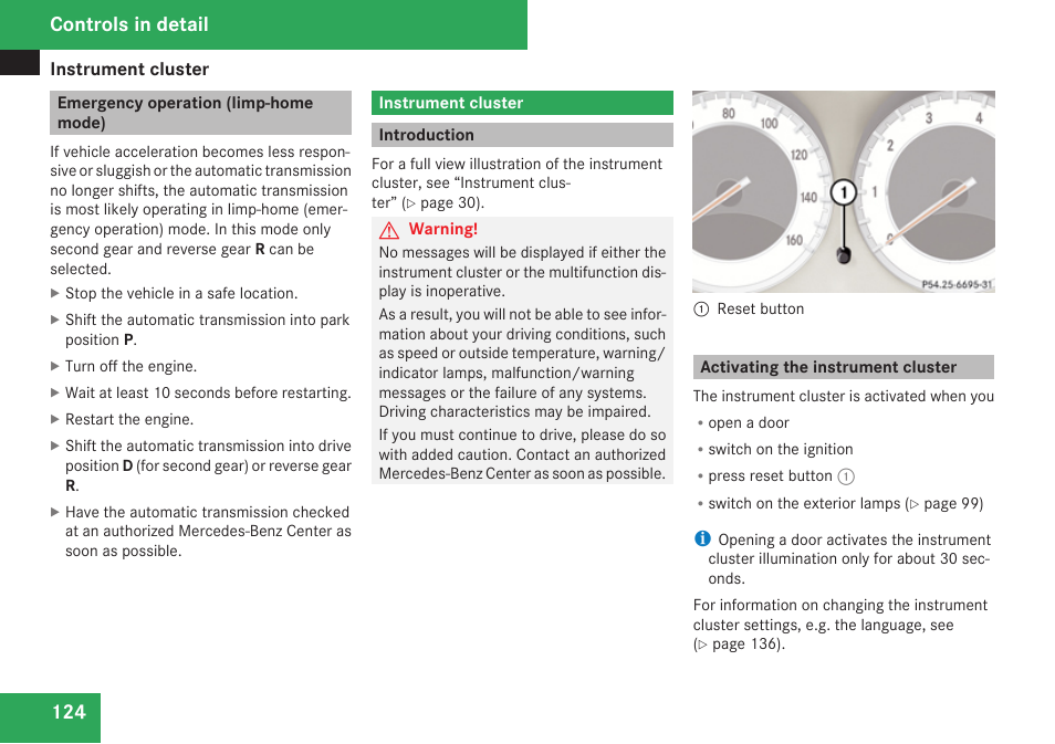 Emergency operation (limp-home mode), Instrument cluster, Introduction | Activating the instrument cluster, Controls in detail | Mercedes-Benz SL-Class 2009 Owners Manual User Manual | Page 126 / 364