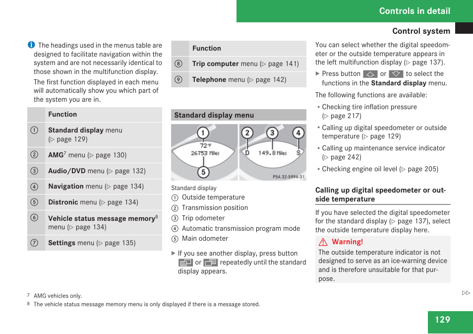 Standard display menu, Controls in detail | Mercedes-Benz SL-Class 2009 Owners Manual User Manual | Page 131 / 364