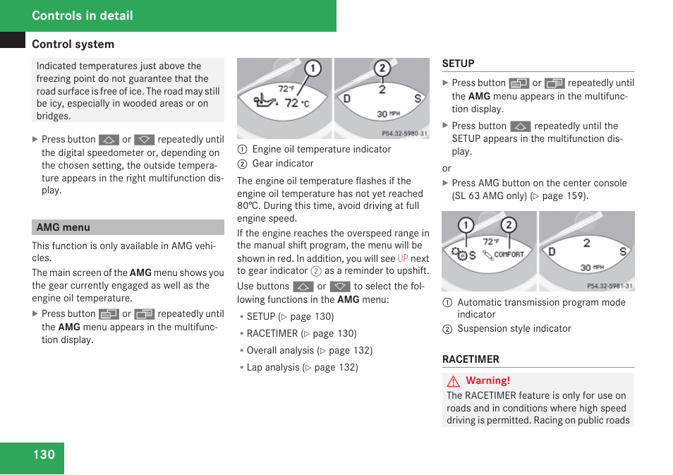 Amg menu, Menu, Controls in detail | Mercedes-Benz SL-Class 2009 Owners Manual User Manual | Page 132 / 364