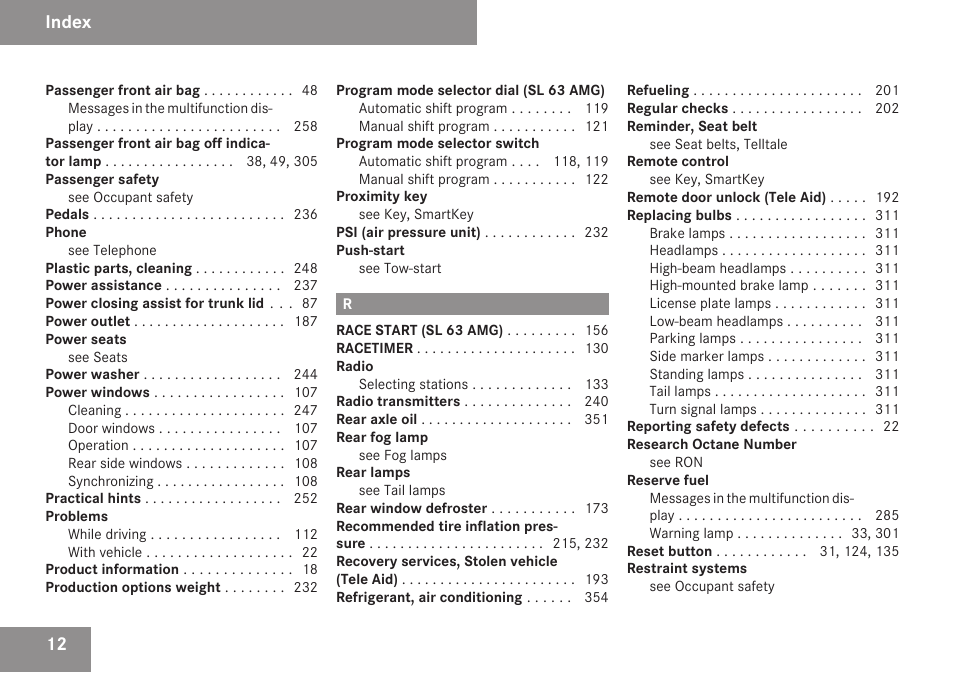 Index | Mercedes-Benz SL-Class 2009 Owners Manual User Manual | Page 14 / 364