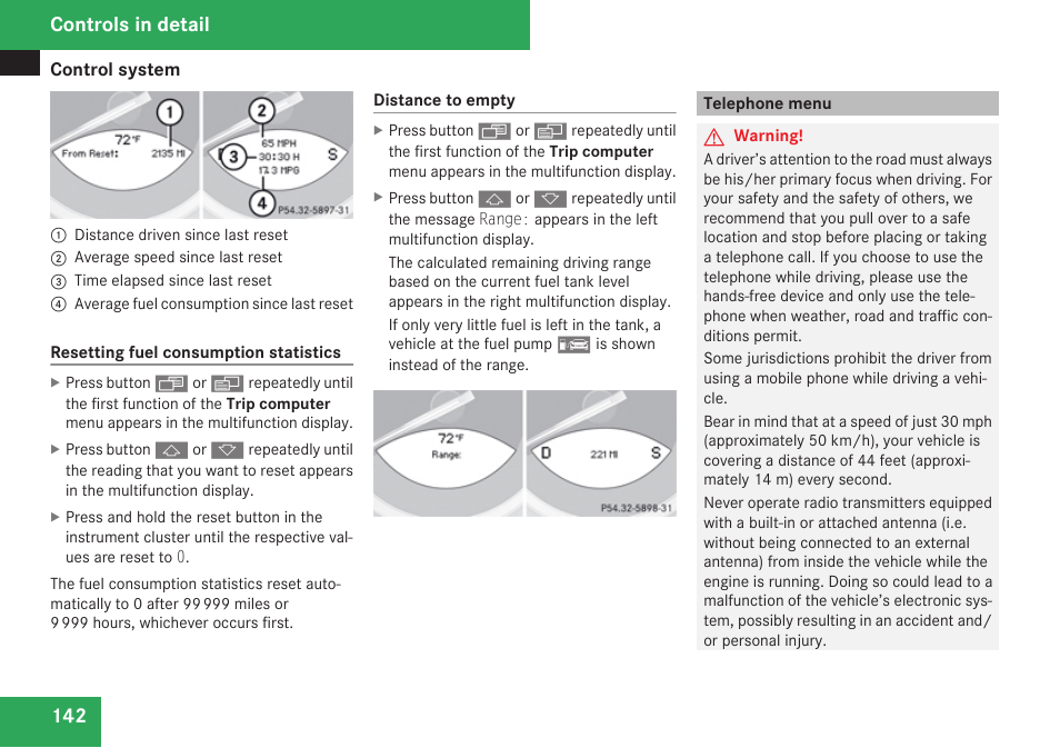 Telephone menu, Menu, Distance to empty | Controls in detail | Mercedes-Benz SL-Class 2009 Owners Manual User Manual | Page 144 / 364