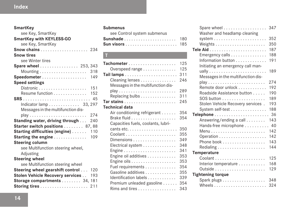 Index | Mercedes-Benz SL-Class 2009 Owners Manual User Manual | Page 16 / 364