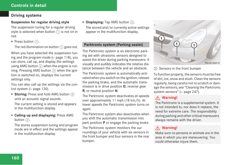 Parktronic system (parking assist), Controls in detail | Mercedes-Benz SL-Class 2009 Owners Manual User Manual | Page 162 / 364